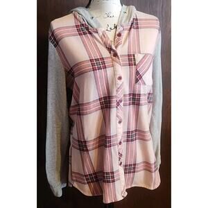 Hooded Flannel Shirt Button burgundy pink gray Plaid grunge large casual